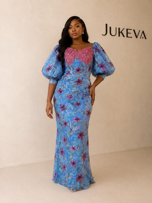 Azure lace puff sleeve gown studio view