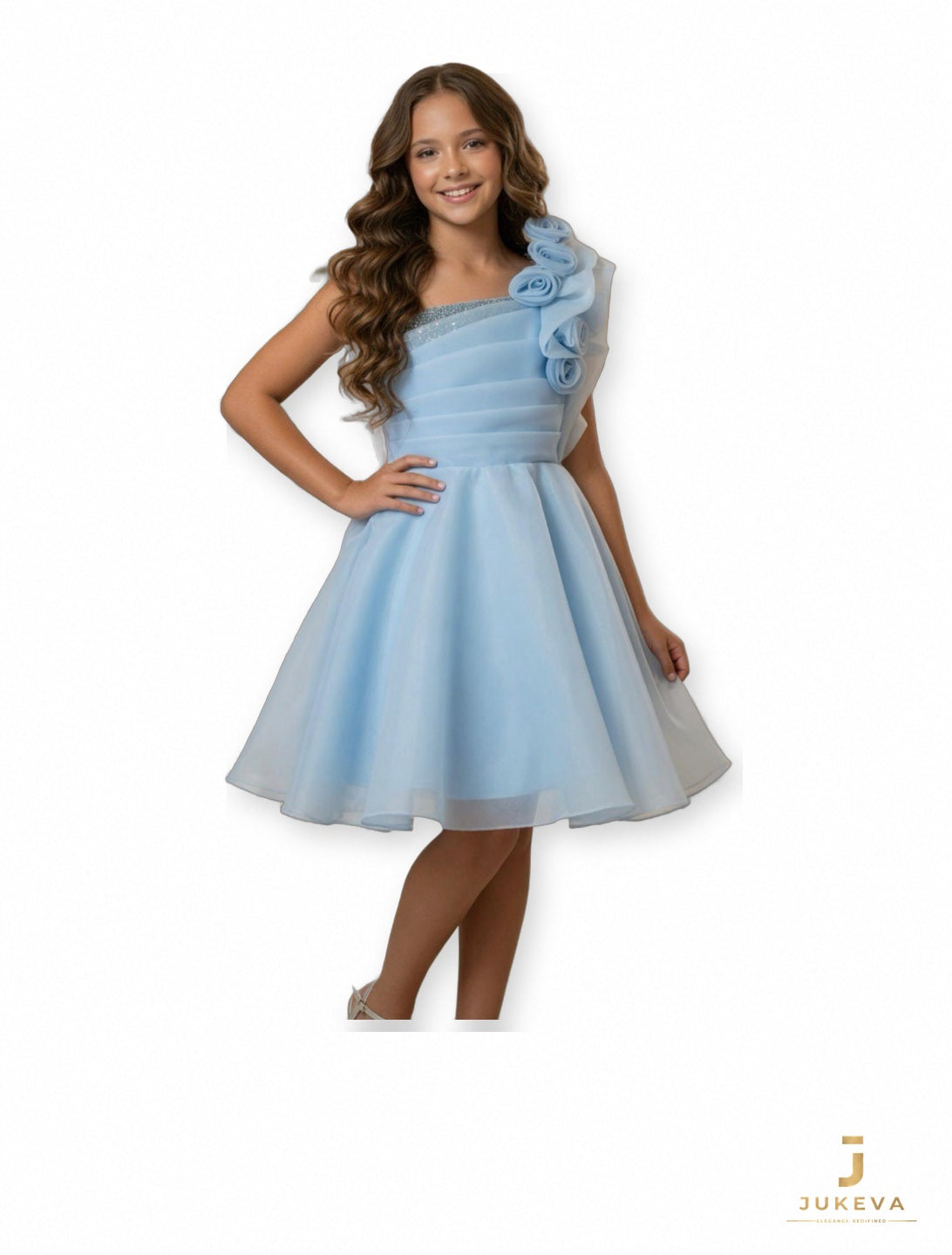 Ruffle Shoulder Dress in Sky