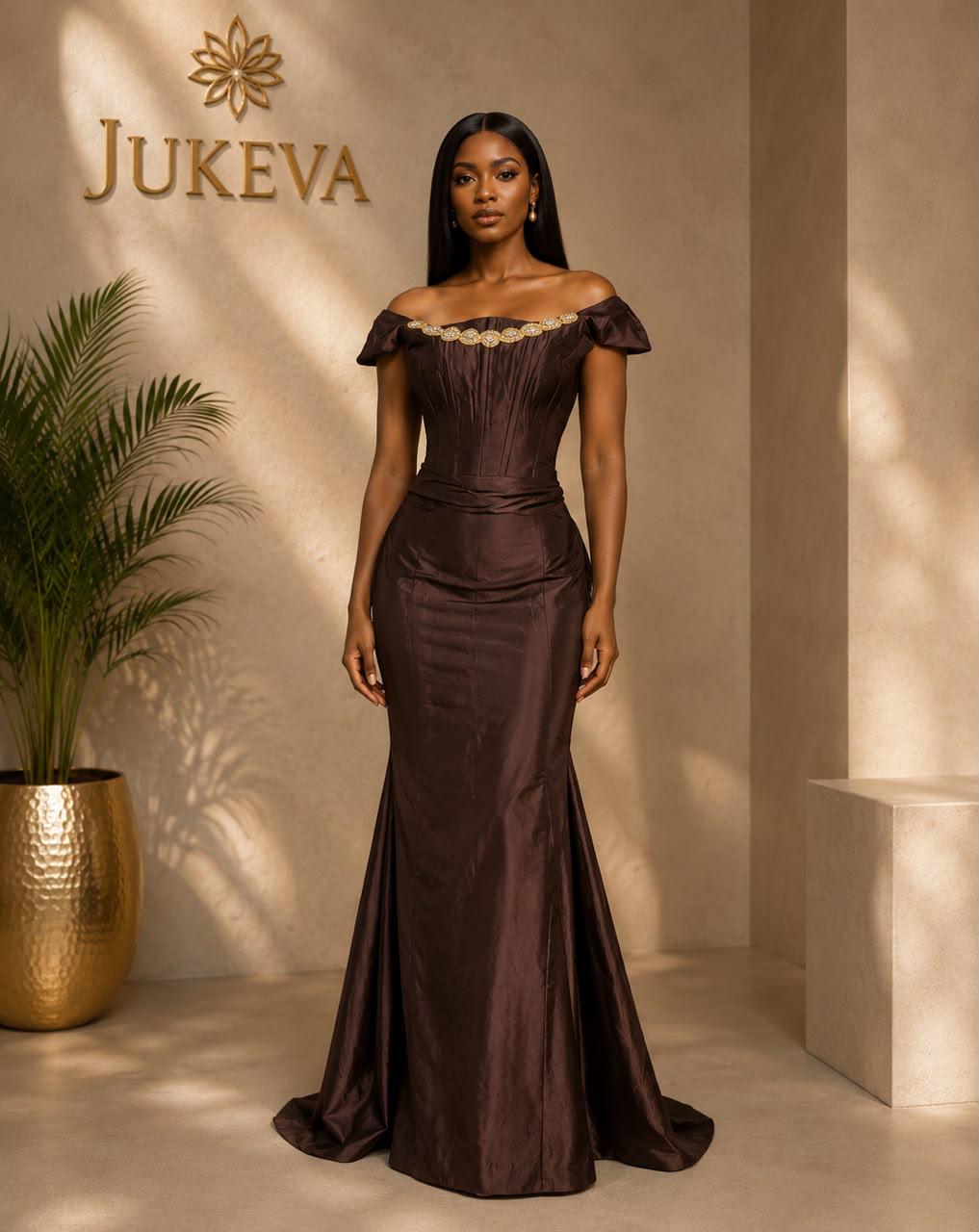 Cocoa off shoulder mermaid prom gown by Jukeva
