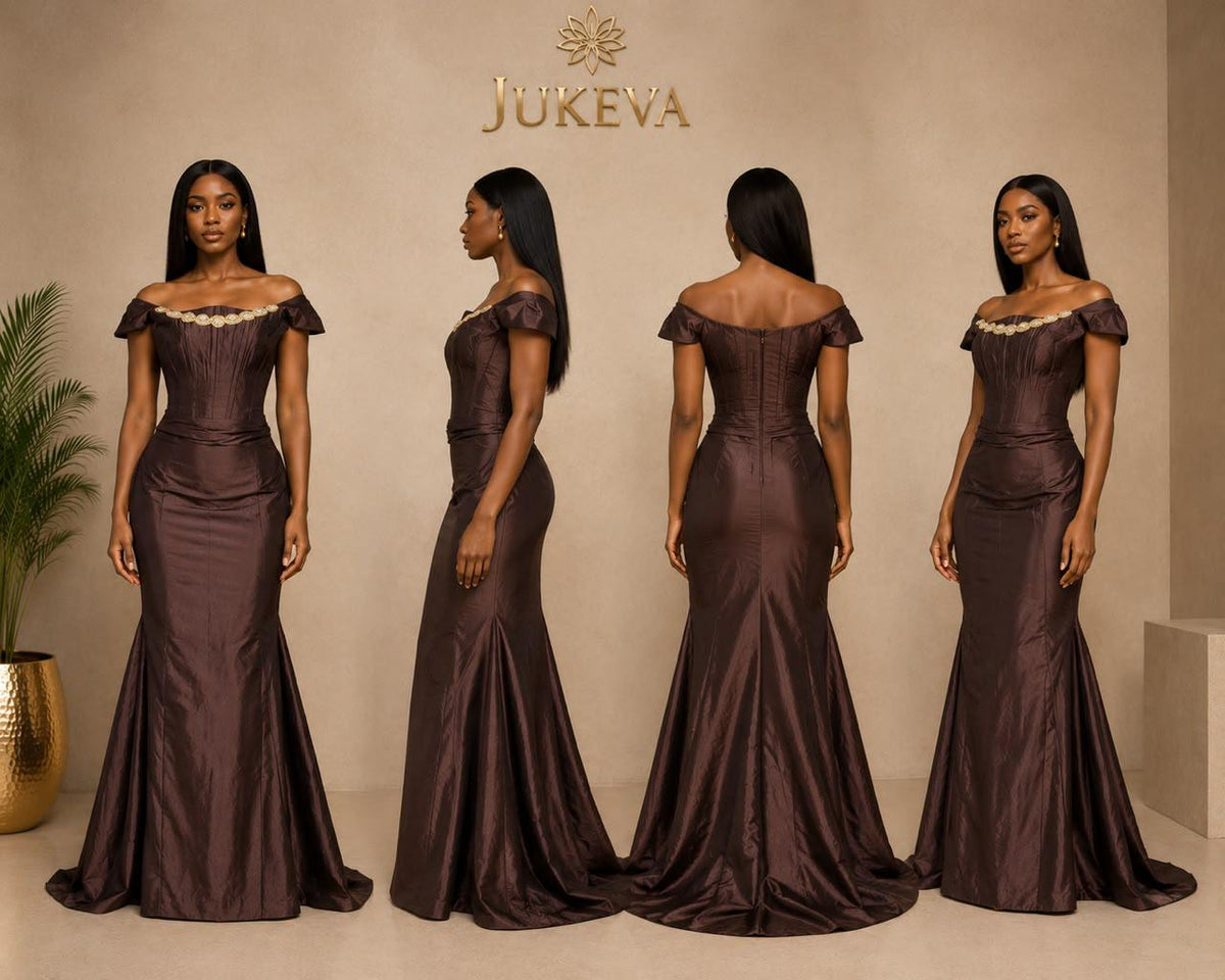 Cocoa off shoulder gown front, side and back views