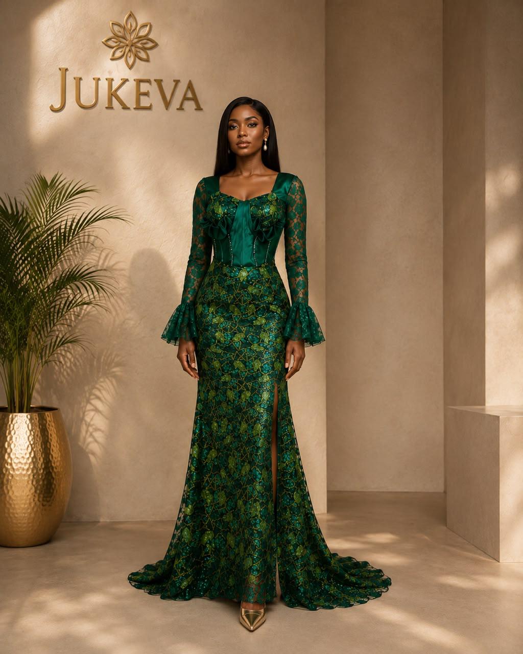 Emerald lace corset aso ebi gown by Jukeva