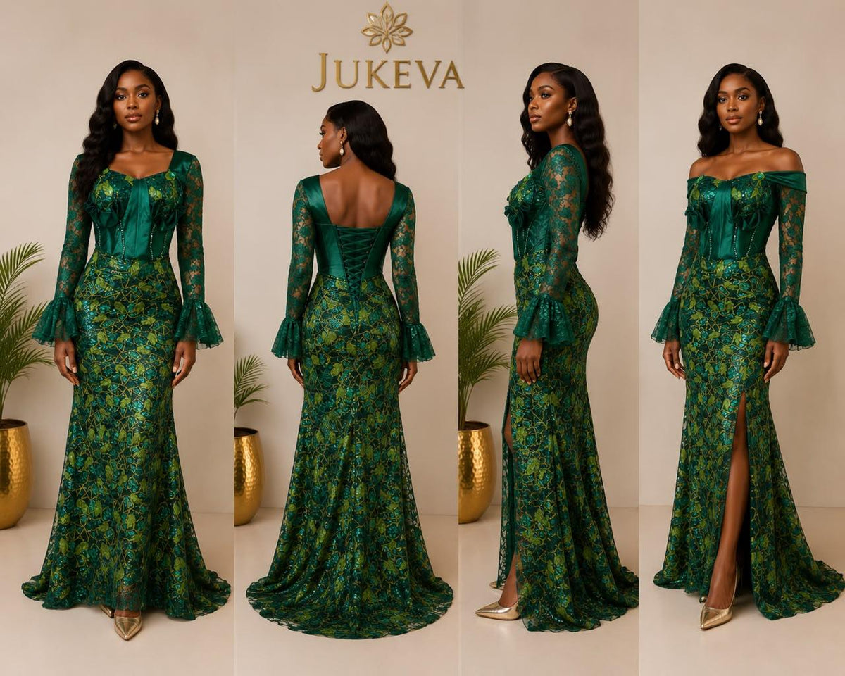 Emerald lace corset gown front, back, side and off-shoulder views