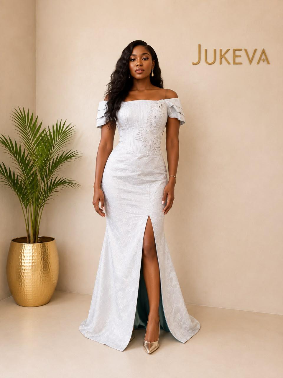 Ivory jacquard off shoulder prom gown with front slit by Jukeva